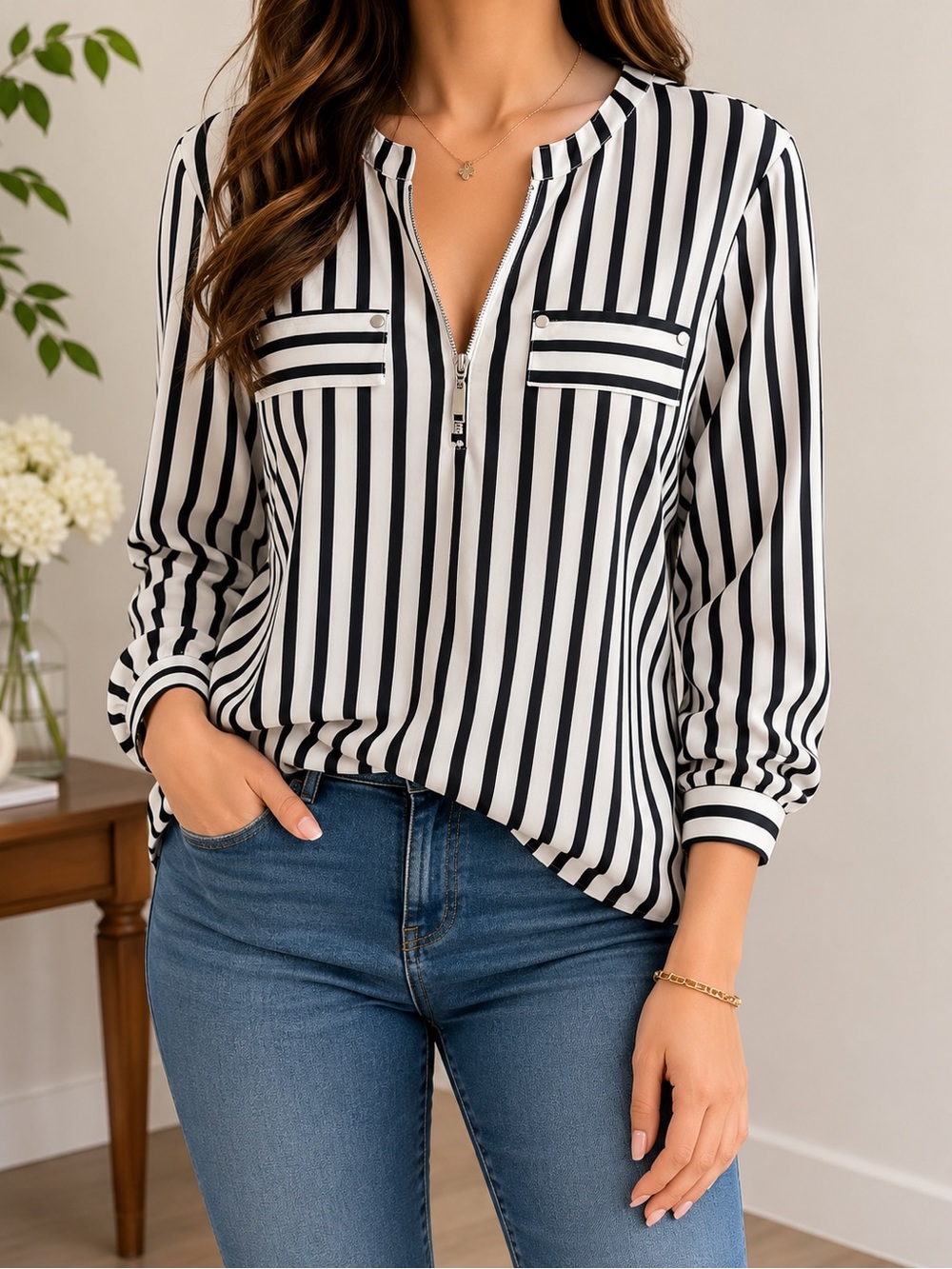 Black & White Vertical Stripe Zip-Neck Blouse